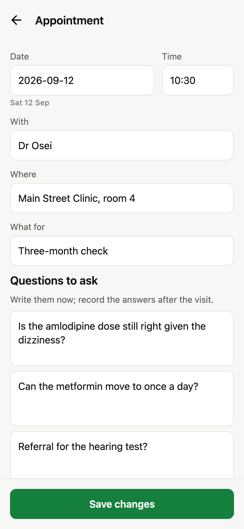 Alderbook appointment screen. Appointment: when, with whom, the questions to ask, the outcome notes.