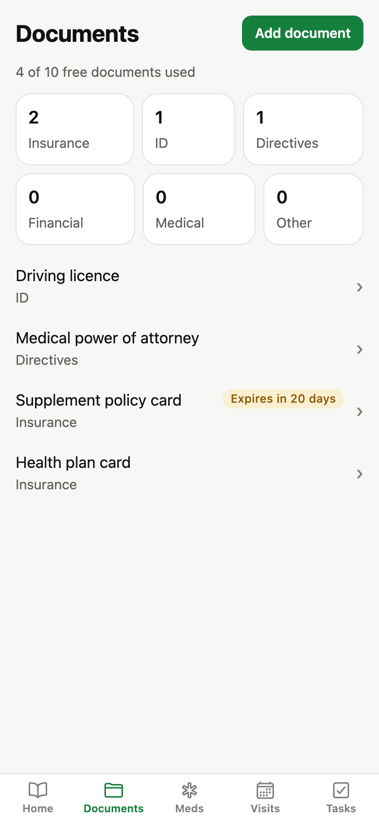 Alderbook documents screen. Documents: a grid by category with counts and an expiring badge.