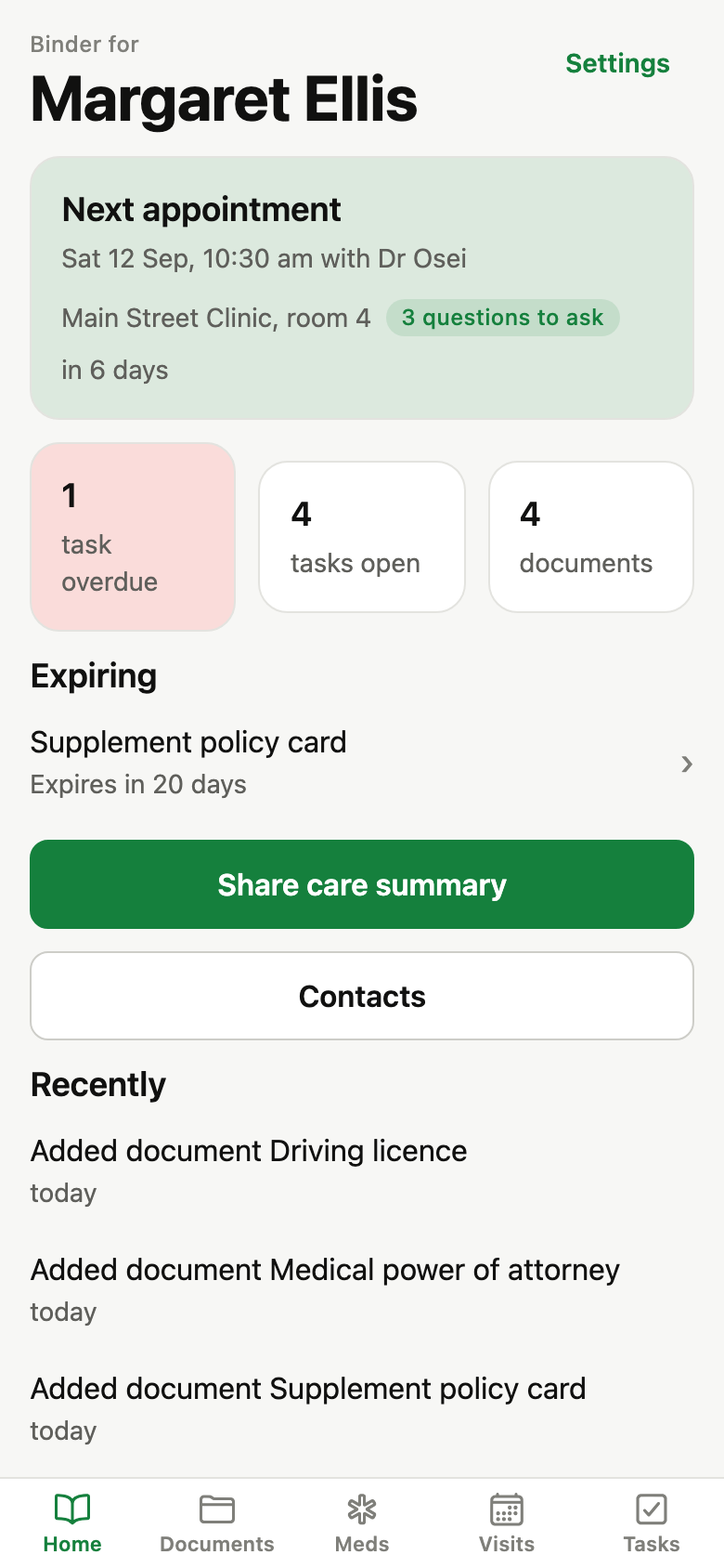 Alderbook home screen. Home: the next appointment, overdue tasks, documents about to expire, and Share care summary.